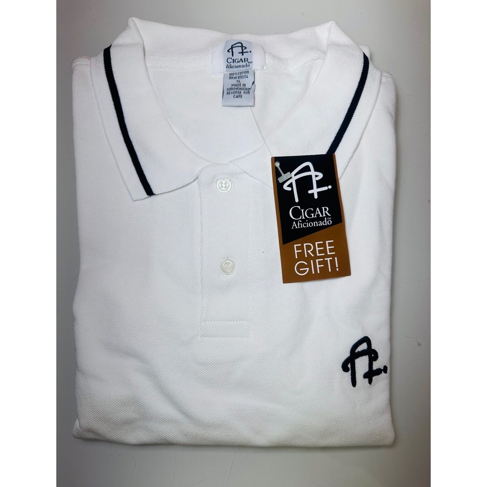 Cigar Aficionado Mens XL White Pique Cotton Polo Golf Shirt Navy Logo NWT